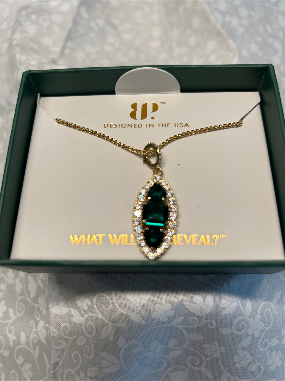 Gold-Plated Necklace with Deep Green Marquise Crystal Pendant